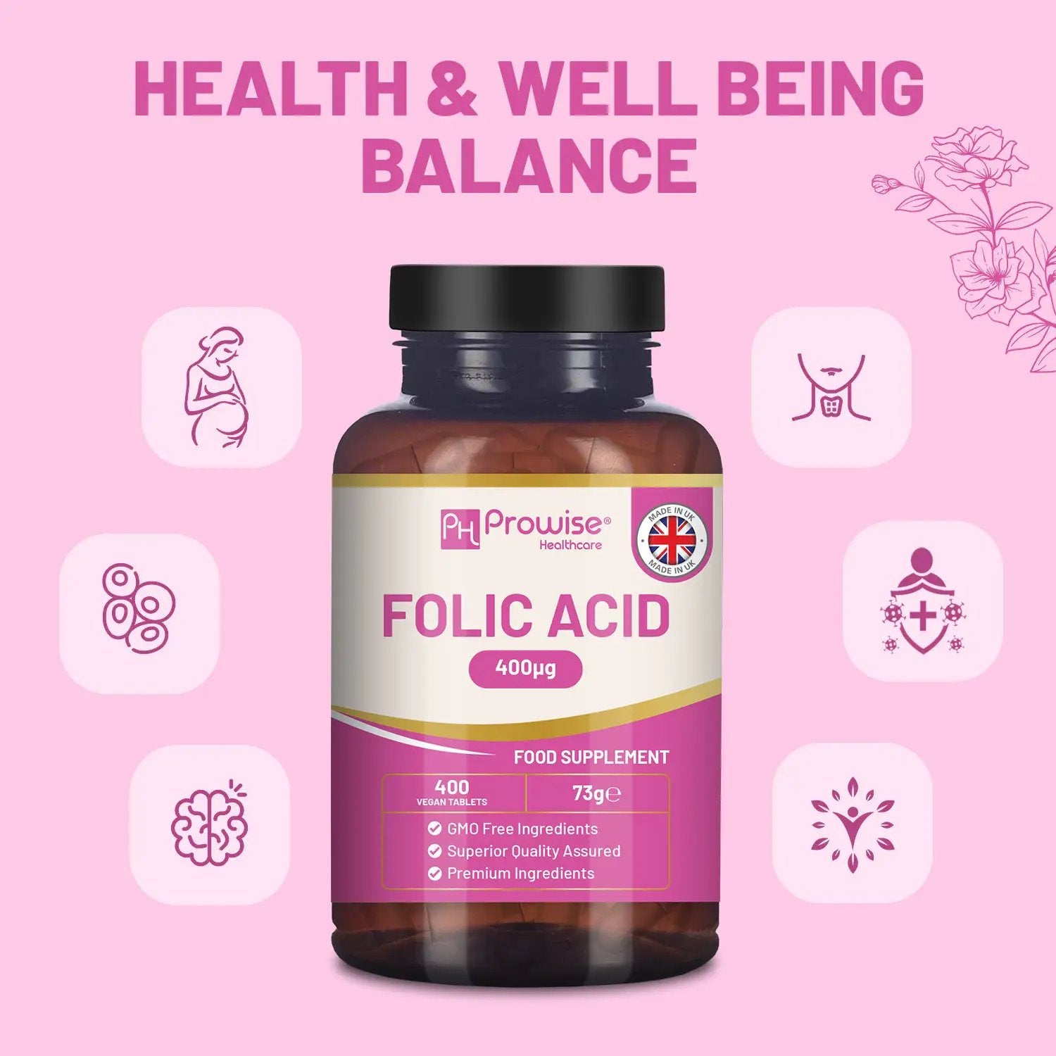 Folic Acid Tablets 400 mcg - 400 Vegan Vitamin B9 Tablets by Prowise Healthcare