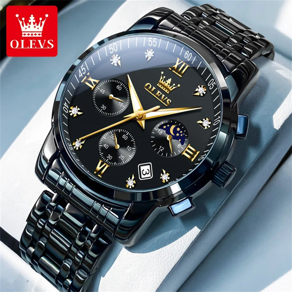 OLEVS Popular men's watches stainless steel black Moon Phase Chronograph quartz watch for man date Original brand wristwatch by All Mart Bristol Ltd