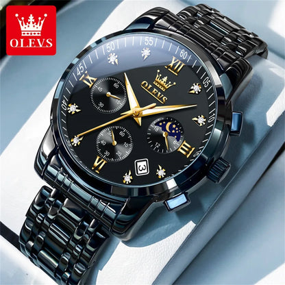OLEVS Popular men's watches stainless steel black Moon Phase Chronograph quartz watch for man date Original brand wristwatch by All Mart Bristol Ltd
