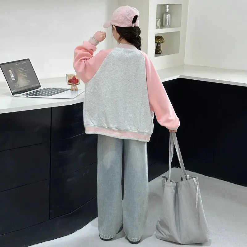 Teenage Girls Casual Baseball-Uniform Coat Loose Style Kids Spring Autumn Sporty Jacket Children New Arrival Sports Costume by All Mart Bristol Ltd
