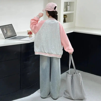 Teenage Girls Casual Baseball-Uniform Coat Loose Style Kids Spring Autumn Sporty Jacket Children New Arrival Sports Costume by All Mart Bristol Ltd