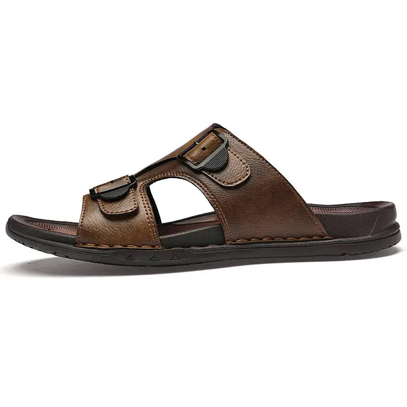 Summer Mens Leather Slippers Men Adjustable Slides Casual Sandals Brown Black Comfortable by All Mart Bristol Ltd
