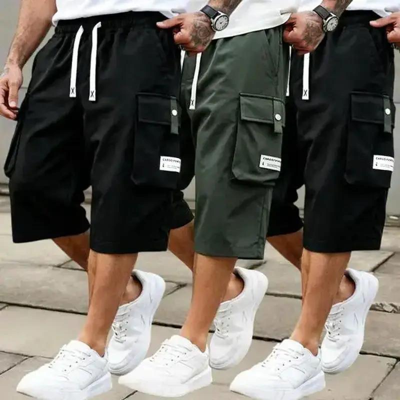 Men'S Summer Casual Cargo Shorts - Elastic Drawstring Waist, Multiple Pockets & Letter Patch Design, Regular Fit Mid-Rise Non-Stretch Fabric for Daily Wear & Leisure Activities, Nontransparent Fabric, Menswear, Minimalist Tiktokshopspringglowup