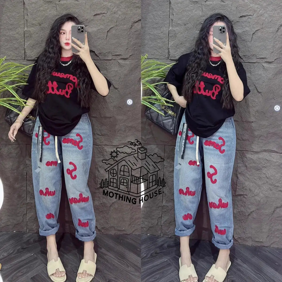Retro Fashion Suit Women's Summer New Letter Printing Short-sleeved Milk Silk Wide-leg Pants Two-piece Set by All Mart Bristol Ltd
