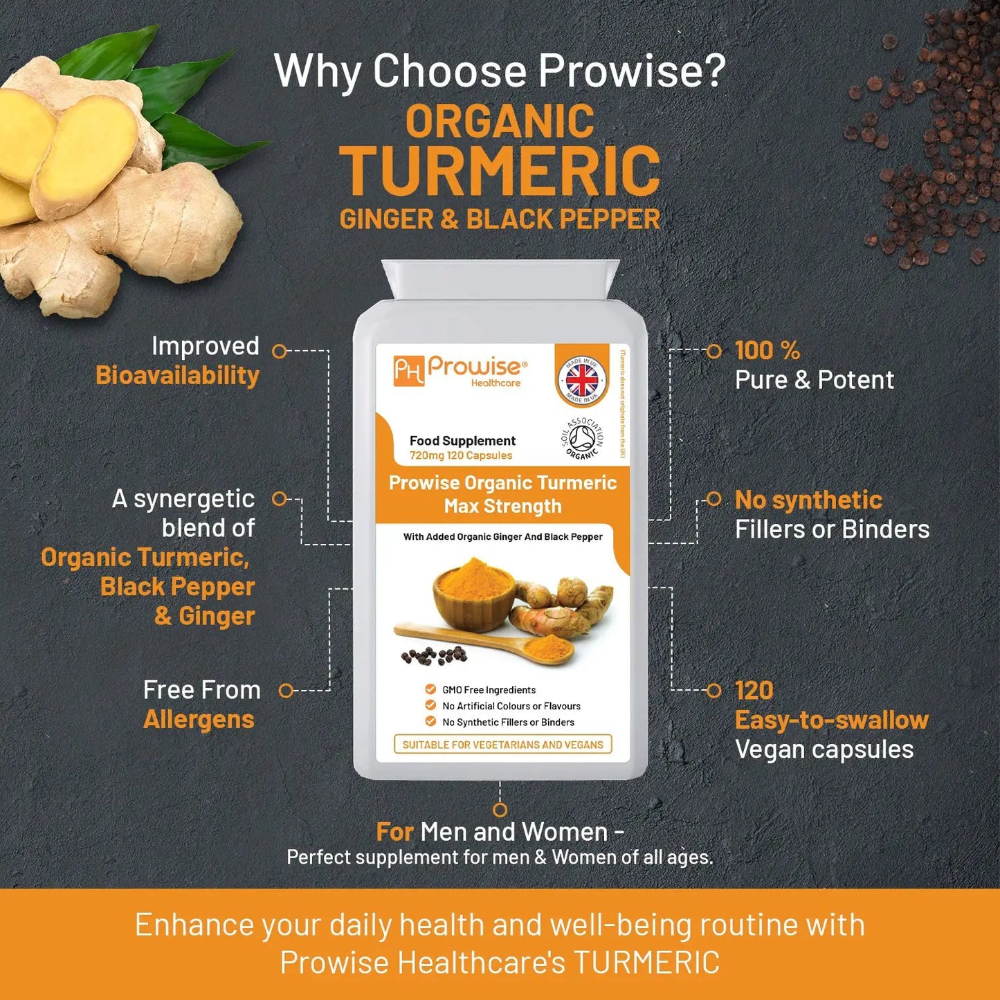 Organic Turmeric Curcumin 720mg - 120 Capsules | Organic Turmeric and Black Pepper Capsules High Strength | Vegan & Vegetarian Turmeric Supplements | Certified Organic by Soil Association by Prowise by Prowise Healthcare