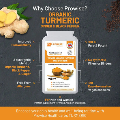 Organic Turmeric Curcumin 720mg - 120 Capsules | Organic Turmeric and Black Pepper Capsules High Strength | Vegan & Vegetarian Turmeric Supplements | Certified Organic by Soil Association by Prowise by Prowise Healthcare