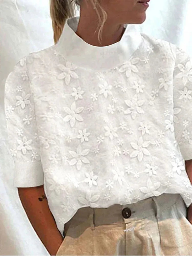 Women's Cotton Linen Pullover Shirt, Elegant Lace Trim Slim Fit Stand Collar Top for Summer Streetwear by All Mart Bristol Ltd