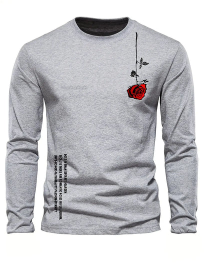100% pure cotton men's long sleeved round neck loose casual rose letter printed spring and autumn versatile T-shirt top by All Mart Bristol Ltd