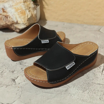 Summer Wedge Slides Slippers Fashion Fish Mouth Thick Bottom Roman Shoes Solid Color Beach Sandals For Women by Dropshipman