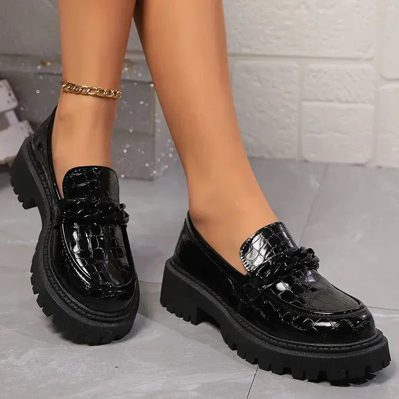 Women's Chain Decor Platform Loafers Fashion Black Patent Leather Dress Shoes Woman Comfortable Slip On Flat Shoes Plus Size 42 by All Mart Bristol Ltd