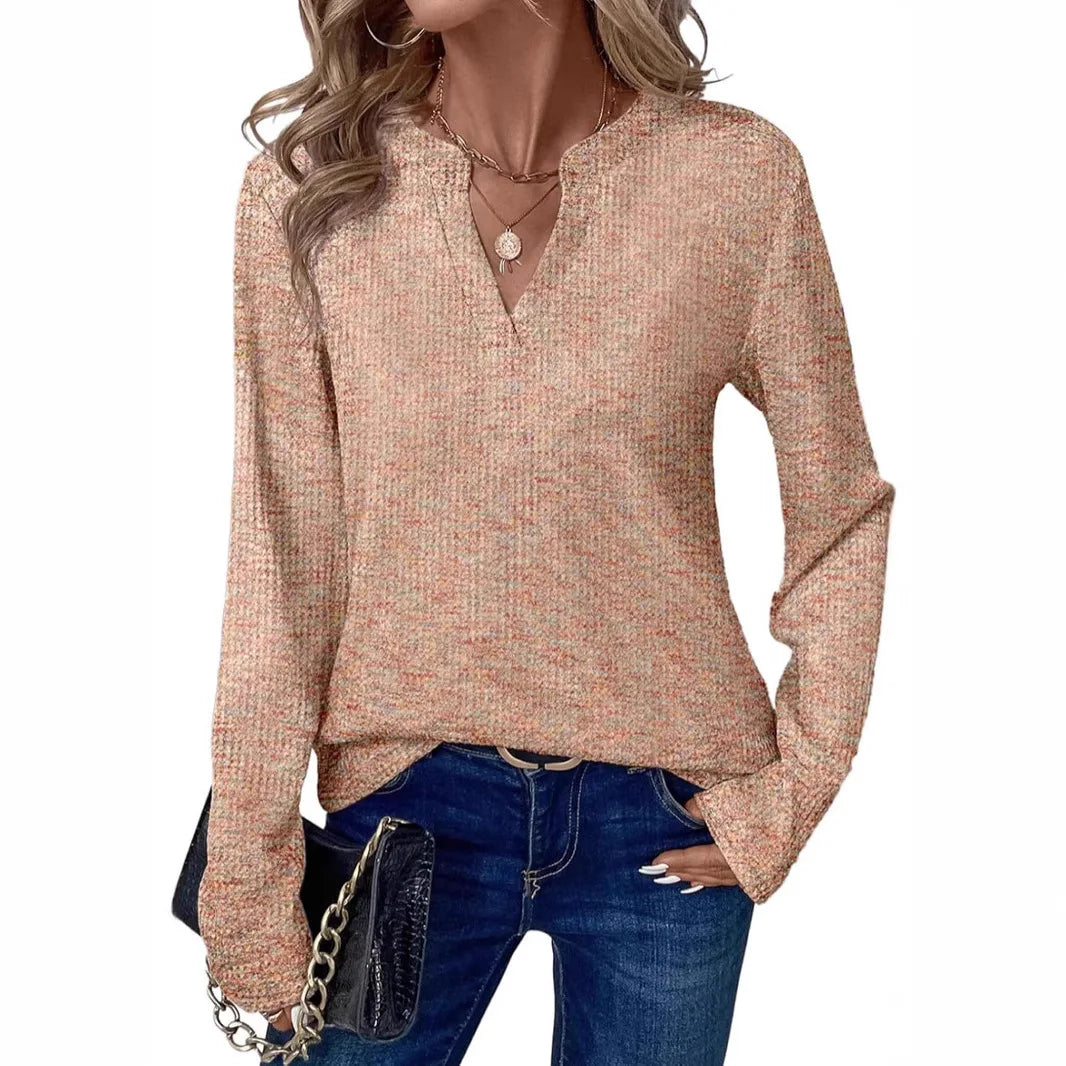 New Womens Notched V-Neck Long Sleeve Space Dye Waffle Knit Blouse Casual Loose Fit Top for Daily Wear by All Mart Bristol Ltd