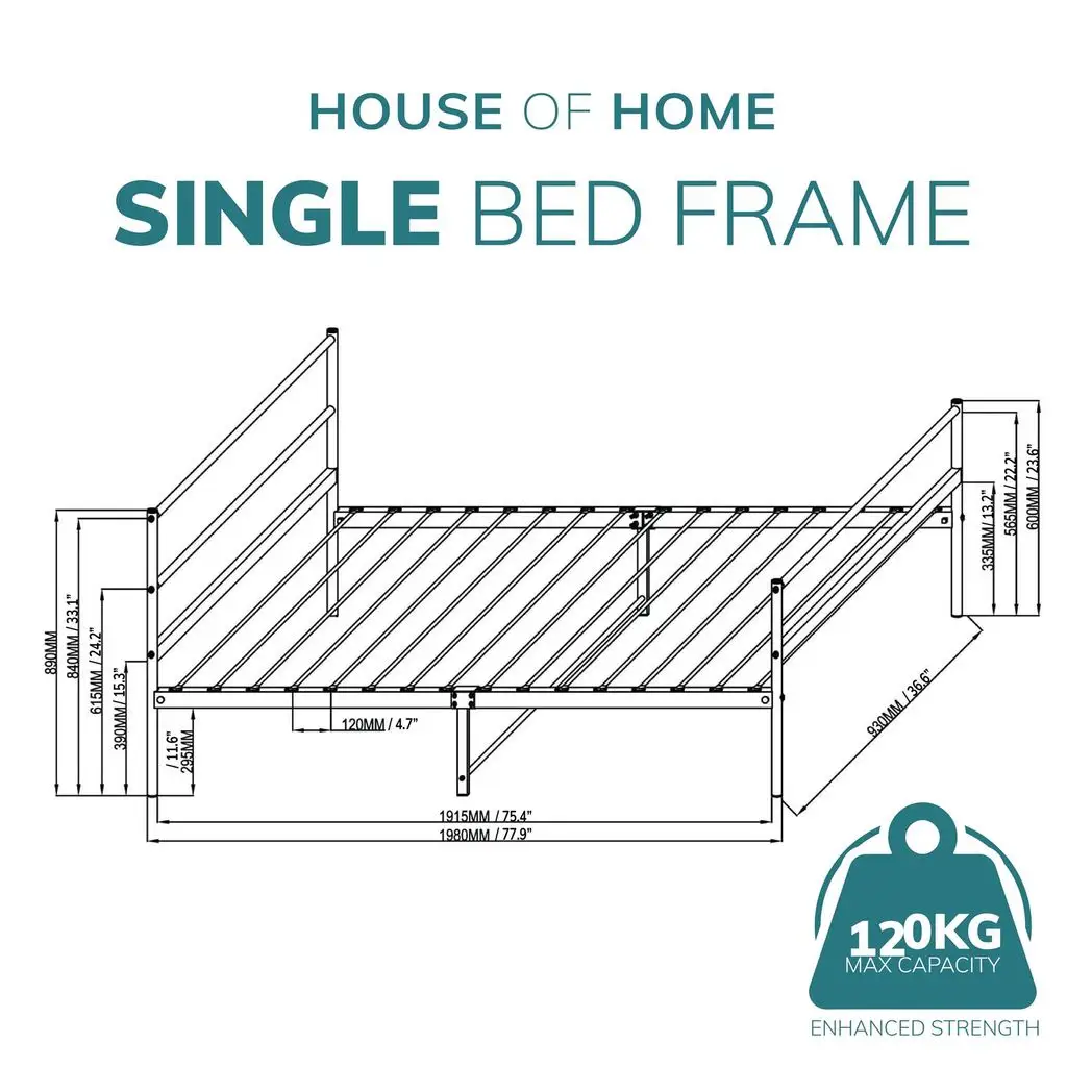 Extra Strong Single Metal Bed Frame In Silver by House of Home