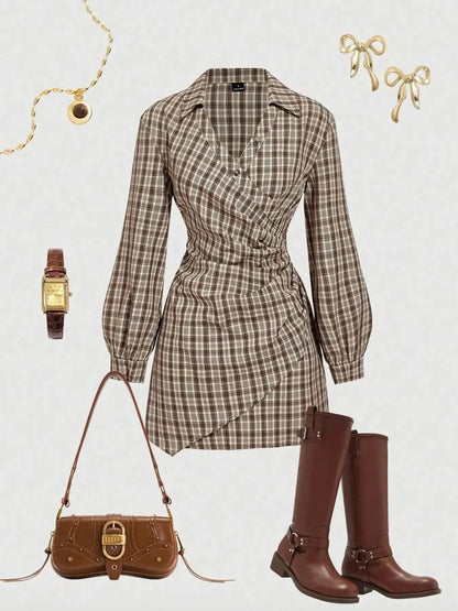 Women'S Plaid Print V-Neck Lantern Sleeve Ruched Fitted Mini Dress, Suitable for Work and School, Formal, Casual Long Sleeves Fitted Waist Stripe Print Shirt Dress by All Mart Bristol Ltd
