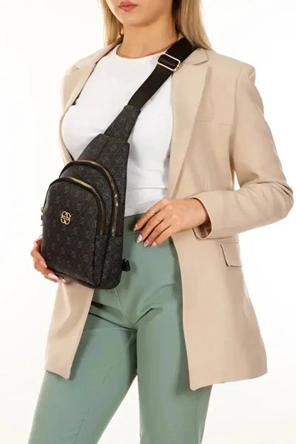 Women Black Leather Monogram Crossbody Belt Chest Shoulder Bag by All Mart Bristol Ltd