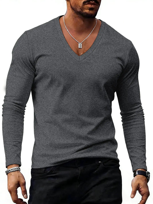 Men V Neck Solid Color Long Sleeve T Shirt Casual Slim Fit Basic Tops for Spring Autumn Daily Wear by All Mart Bristol Ltd