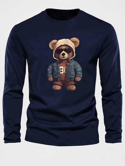 100 cotton men's casual long sleeved round neck loose bear pattern printed autumn and winter T-shirt top versatile by All Mart Bristol Ltd