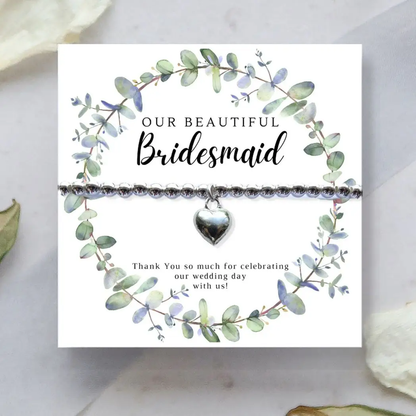 Bridesmaids Heart Bracelet & Eucalyptus Thank You Card by Aye Do Gifts
