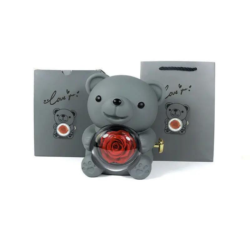 Rotating Bear Gift Box Eternal Rose Teddy Bear Jewelry Box With Necklace Valentine Wedding Special Present For Girlfriend Anniversary Gift Jewelry Box by Dropshipman