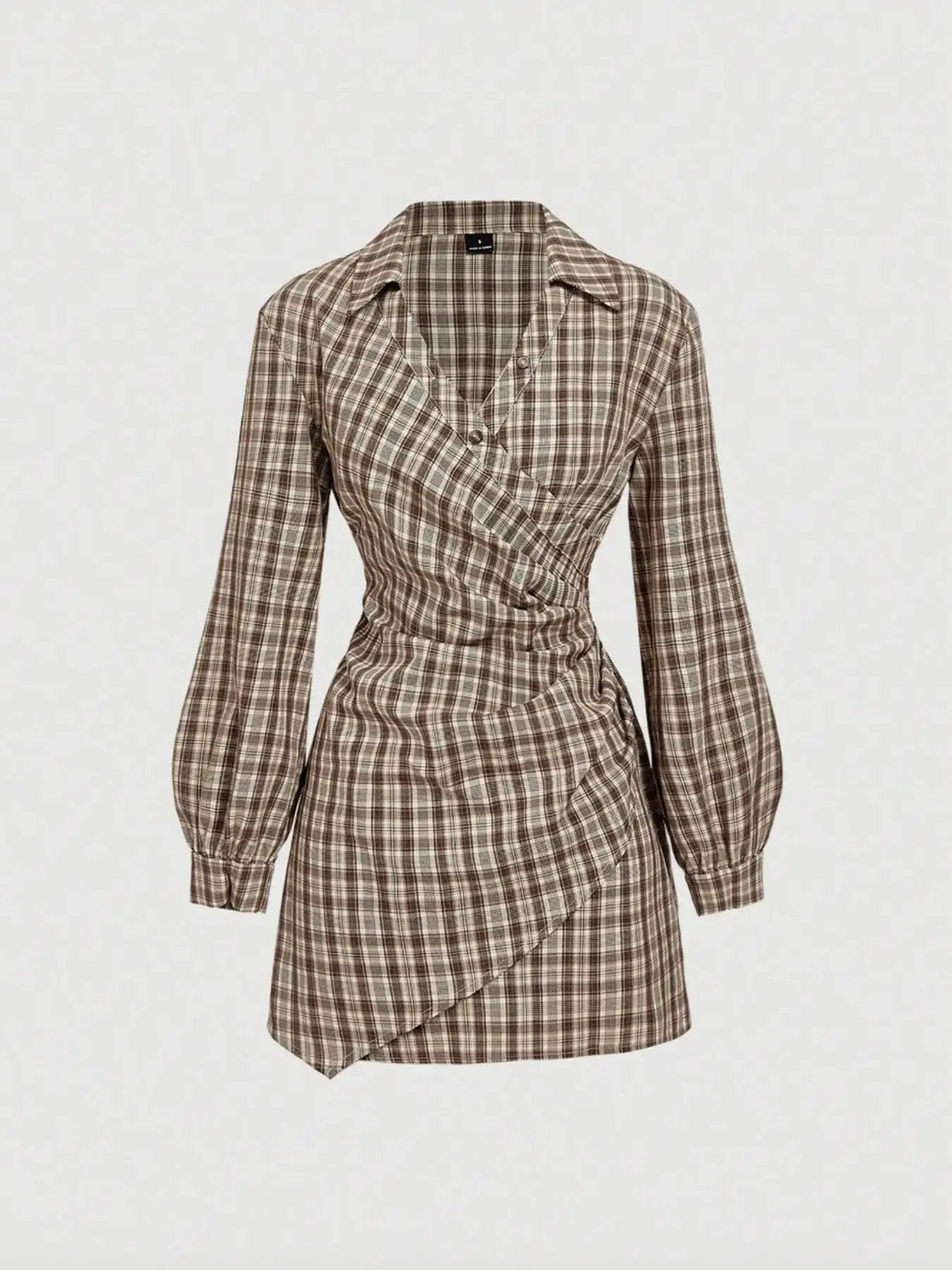 Women'S Plaid Print V-Neck Lantern Sleeve Ruched Fitted Mini Dress, Suitable for Work and School, Formal, Casual Long Sleeves Fitted Waist Stripe Print Shirt Dress by All Mart Bristol Ltd