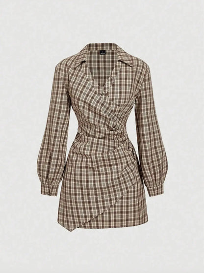 Women'S Plaid Print V-Neck Lantern Sleeve Ruched Fitted Mini Dress, Suitable for Work and School, Formal, Casual Long Sleeves Fitted Waist Stripe Print Shirt Dress by All Mart Bristol Ltd