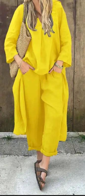 2pcs Long-sleeved Suits Loose V-neck Long Top And High Waist Wide Leg Pants With Pockets Women's Clothing by Dropshipman