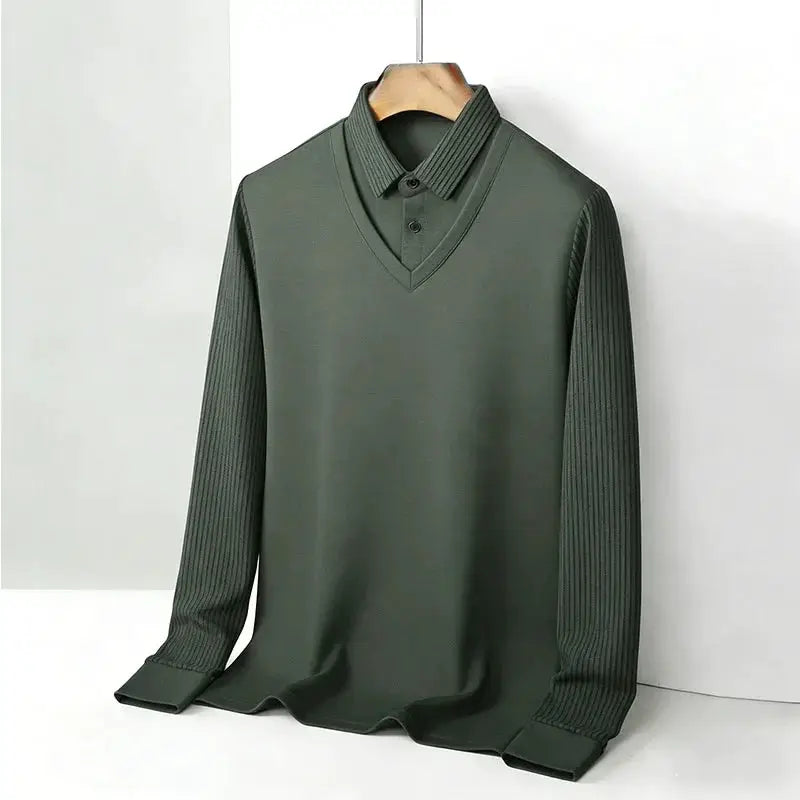 Men's Fake Two Piece Shirt Collar V Neck Long Sleeve Top Khaki Striped Casual Fashion Soft Fabric Daily Wear Blouse by All Mart Bristol Ltd