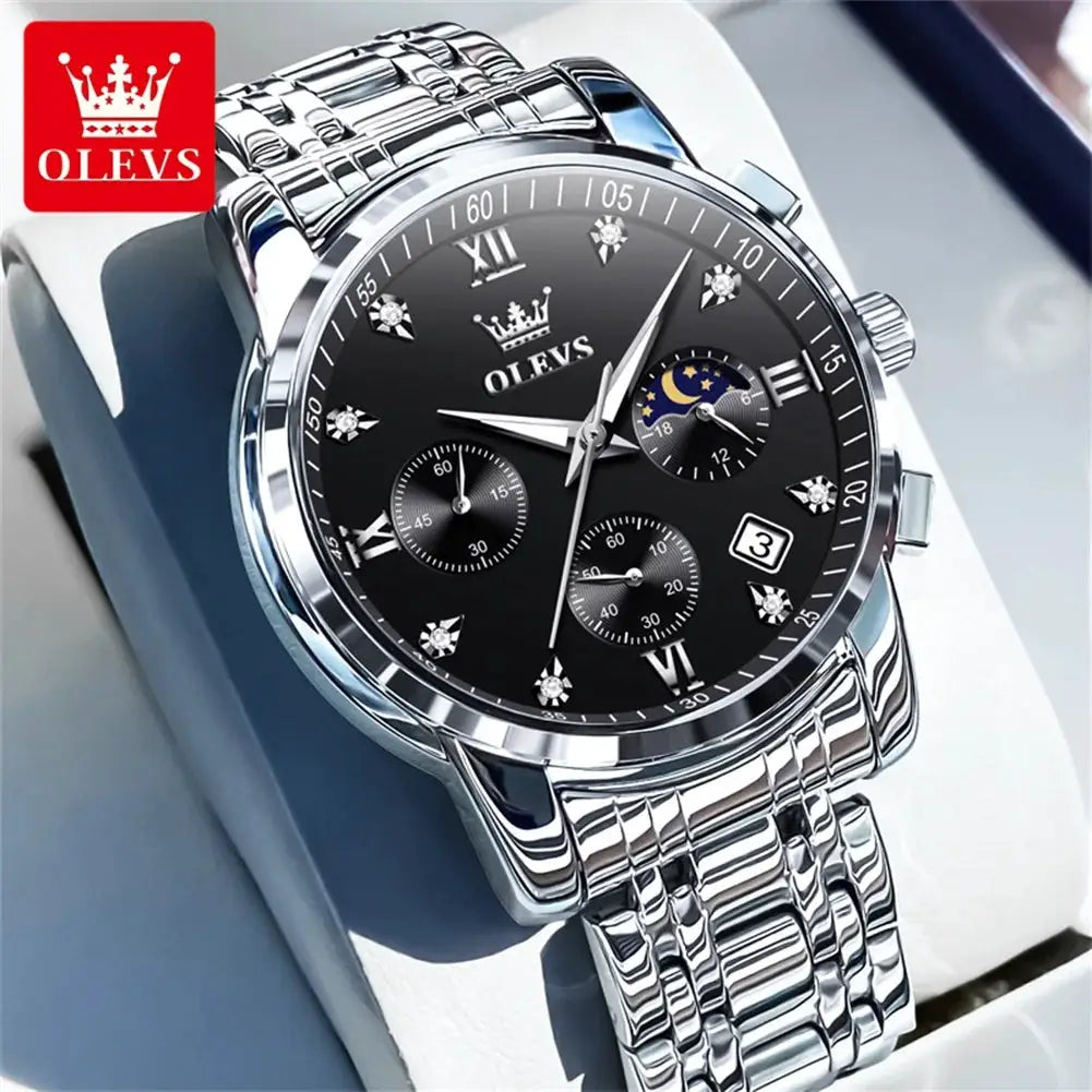 OLEVS Popular men's watches stainless steel black Moon Phase Chronograph quartz watch for man date Original brand wristwatch by All Mart Bristol Ltd