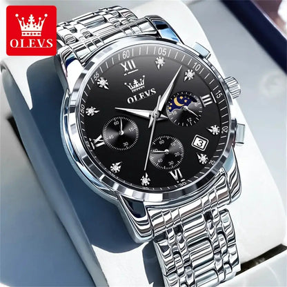 OLEVS Popular men's watches stainless steel black Moon Phase Chronograph quartz watch for man date Original brand wristwatch by All Mart Bristol Ltd