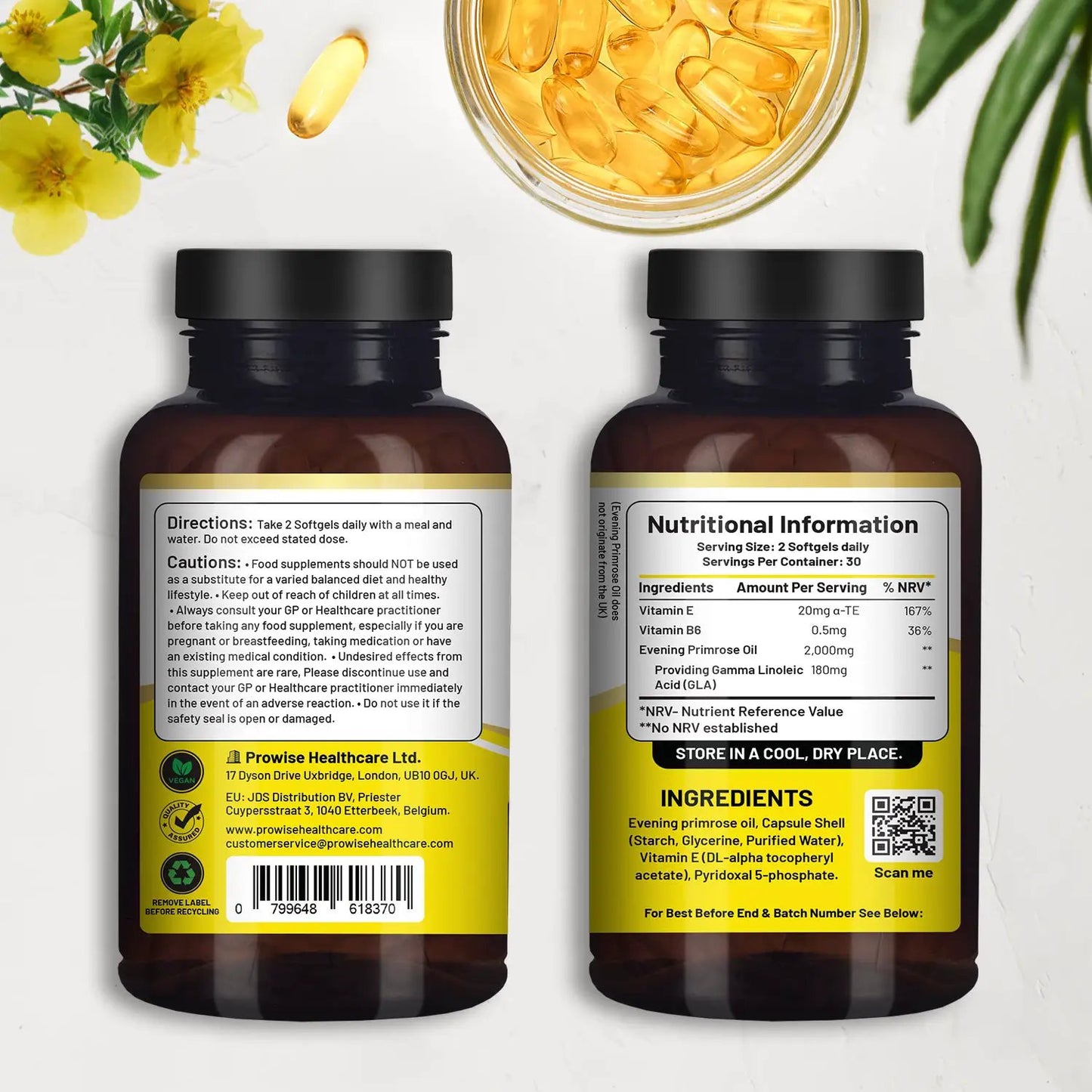 Vegan Evening Primrose Oil 2000mg with Vitamin E & B6 ? 60 Vegan Softgels| Pure Cold Pressed I 180mg GLA per Capsule I Women's Health I Premium Quality I by Prowise Healthcare by Prowise Healthcare