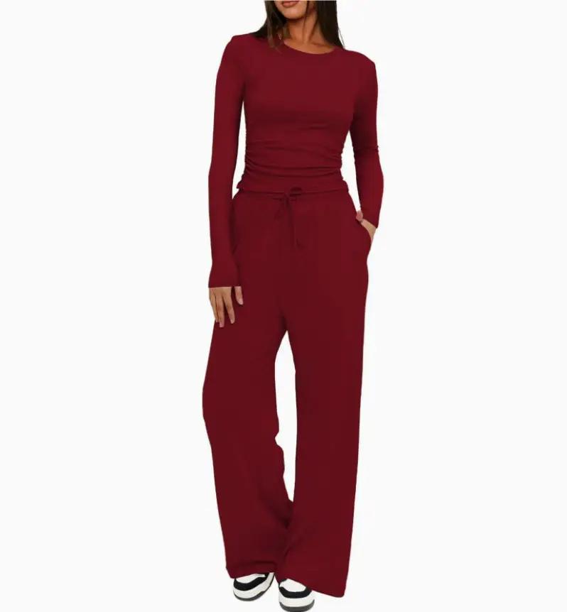 2 Pieces Women's Suit Autumn Winte Long Sleeve Tops High Waisted Wide Leg Pants Sportswear Female Clothes Solid Color Casual Suit by Dropshipman