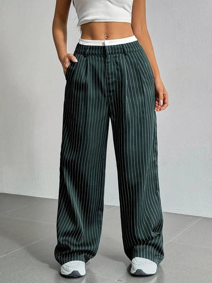 Stripe Printed Trousers Fashion High Waist Straight Leg Pants With Pocket Zipper Casual Suit Pants For Women by Dropshipman
