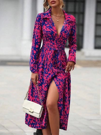 Women'S Spring Autumn Elegant Boho Casual Wear Geometric Tie Dye Print Button Front Belt Midi Dress, Long Sleeve Fitted Design, Multiple Color Options, Womenswear by All Mart Bristol Ltd