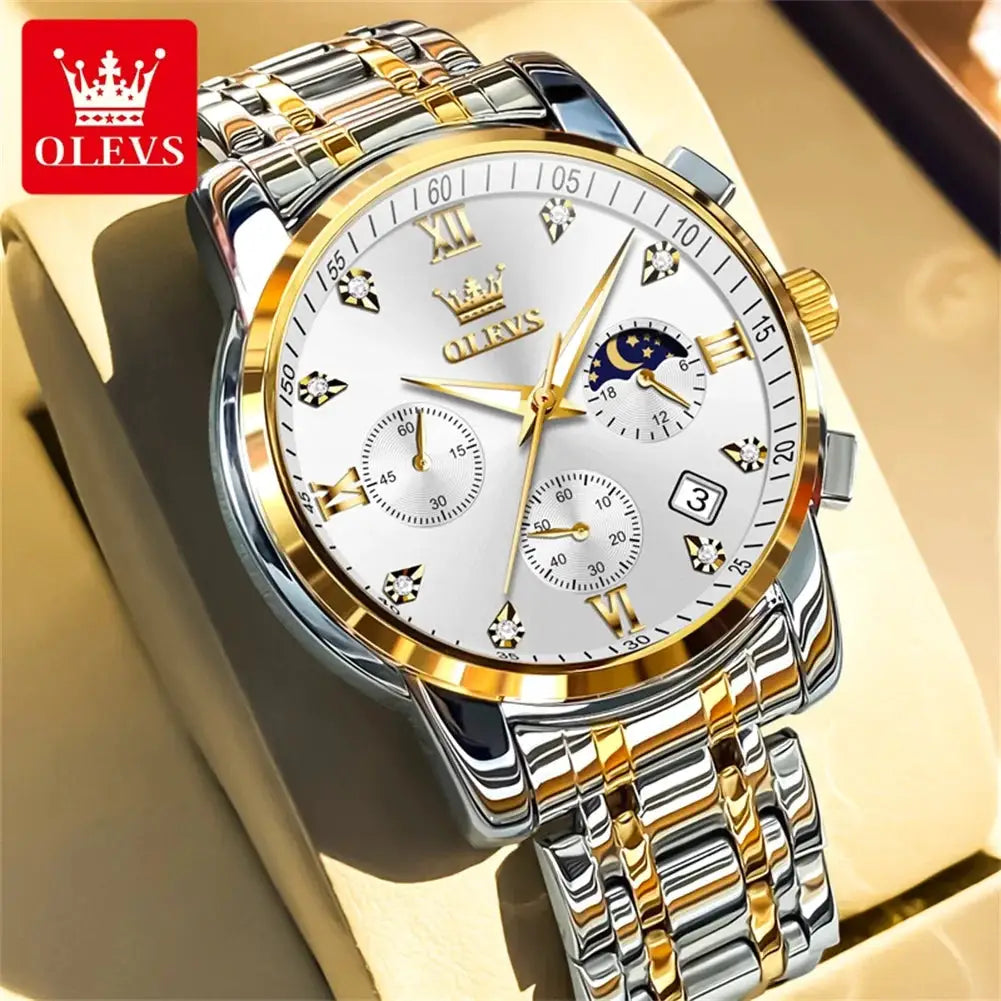 OLEVS Popular men's watches stainless steel black Moon Phase Chronograph quartz watch for man date Original brand wristwatch by All Mart Bristol Ltd