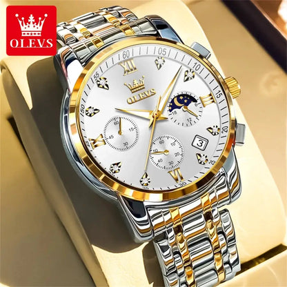 OLEVS Popular men's watches stainless steel black Moon Phase Chronograph quartz watch for man date Original brand wristwatch by All Mart Bristol Ltd