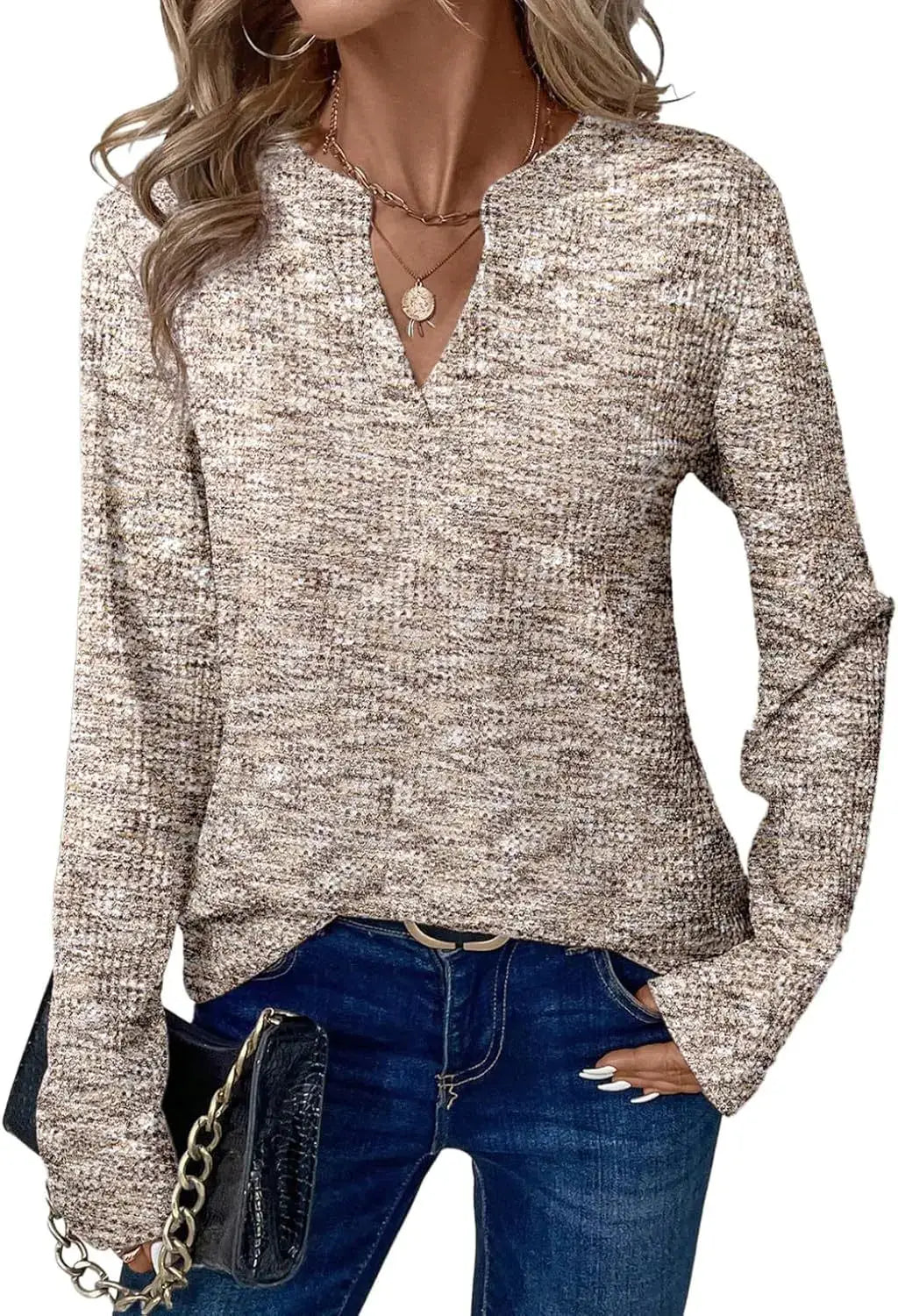 New Womens Notched V-Neck Long Sleeve Space Dye Waffle Knit Blouse Casual Loose Fit Top for Daily Wear by All Mart Bristol Ltd