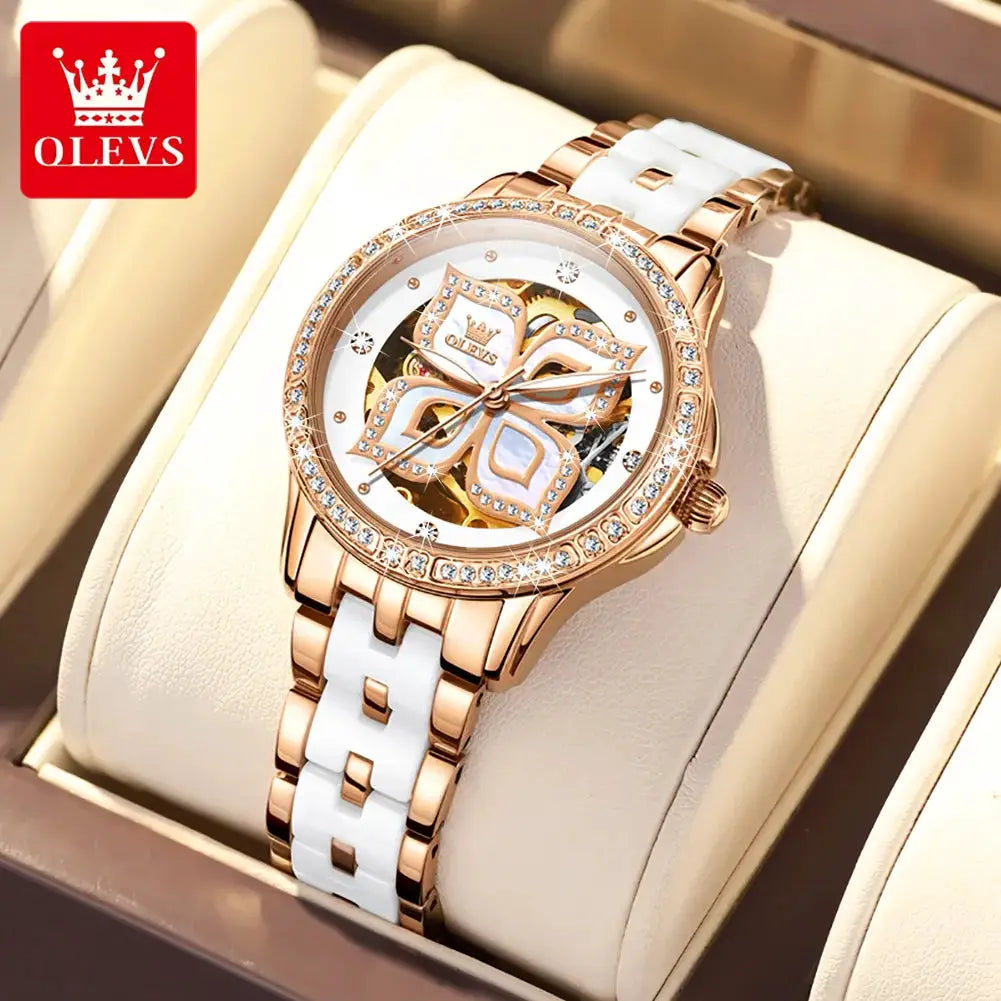 OLEVS Elegant Fashion Women's Watches Lucky Four-Leaf Clover Dial Original Brand Automatic Mechanical Wristwatch Ceramics Strap by All Mart Bristol Ltd