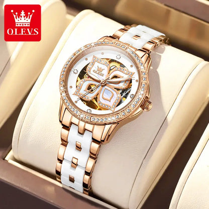 OLEVS Elegant Fashion Women's Watches Lucky Four-Leaf Clover Dial Original Brand Automatic Mechanical Wristwatch Ceramics Strap by All Mart Bristol Ltd