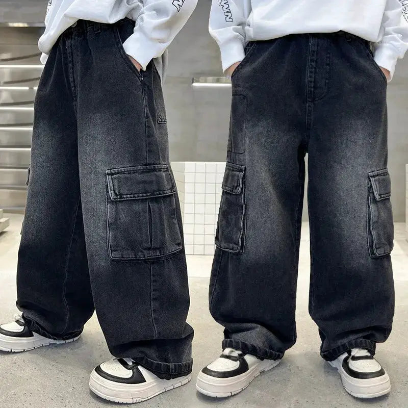 New Autumn Children Cargo Jeans with Side Pocket for Tween fried street Boys Loose Straight Denim Pants Kids Retro Blue Trousers