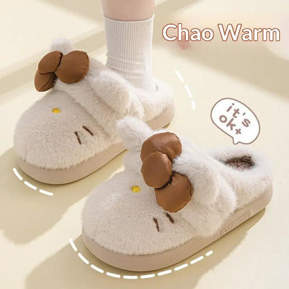 Instagram-Style Fluffy Cotton Slippers With A Cat And Bow Design For Cozy Warmth by Dropshipman