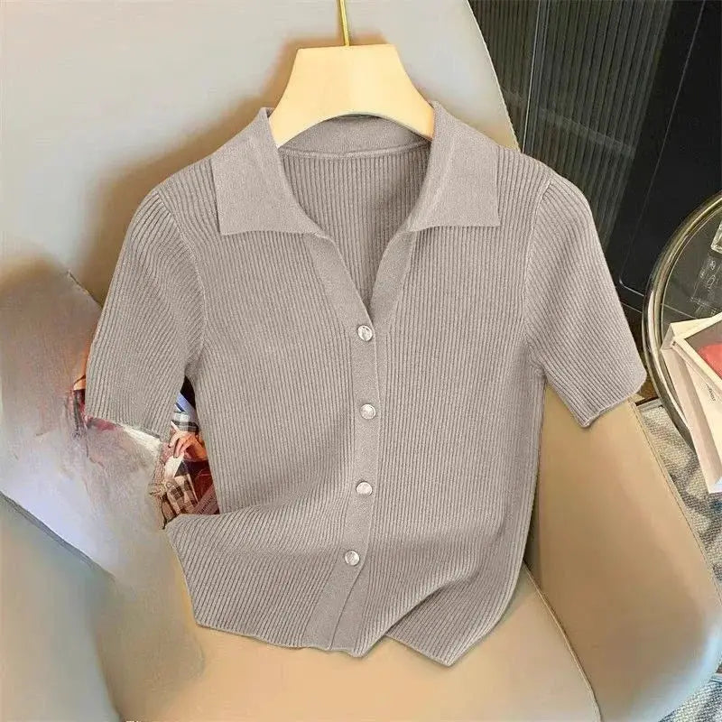 Chic Knitted Polo-neck Shirt Women's 2025 Korean Summer Thin Cardigan Short Sleeve T-Shirt Casual Single Breasted Knitwear Tops by All Mart Bristol Ltd