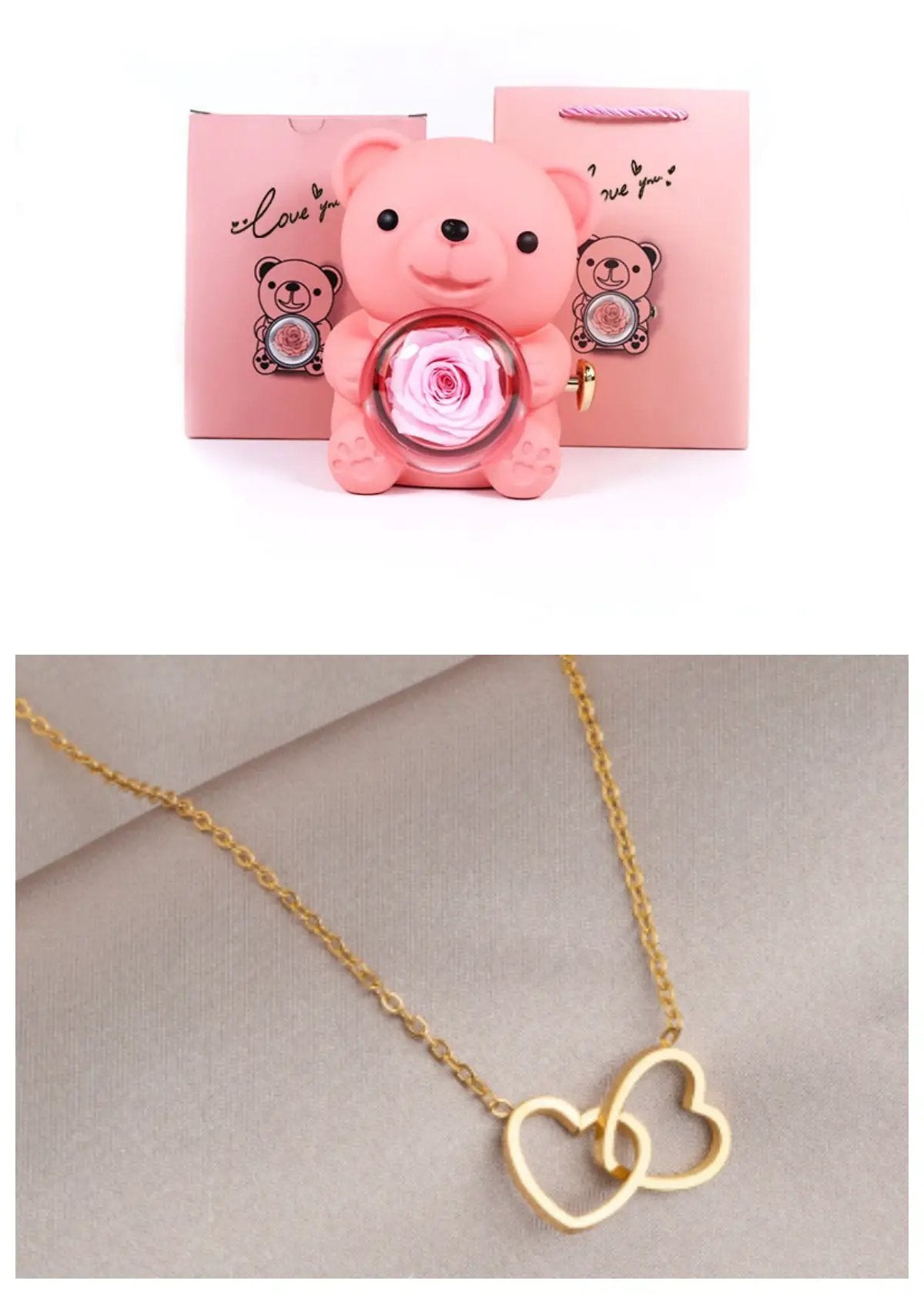 Rotating Bear Gift Box Eternal Rose Teddy Bear Jewelry Box With Necklace Valentine Wedding Special Present For Girlfriend Anniversary Gift Jewelry Box by Dropshipman