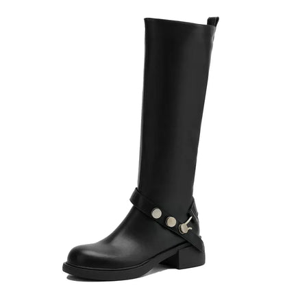 MILI-MIYA New Women's Cowhide Riding Boots Round-Toe Chunky Heel Solid-Colour Knee-High Boots Classic Metal Buckle Detail Handma by All Mart Bristol Ltd