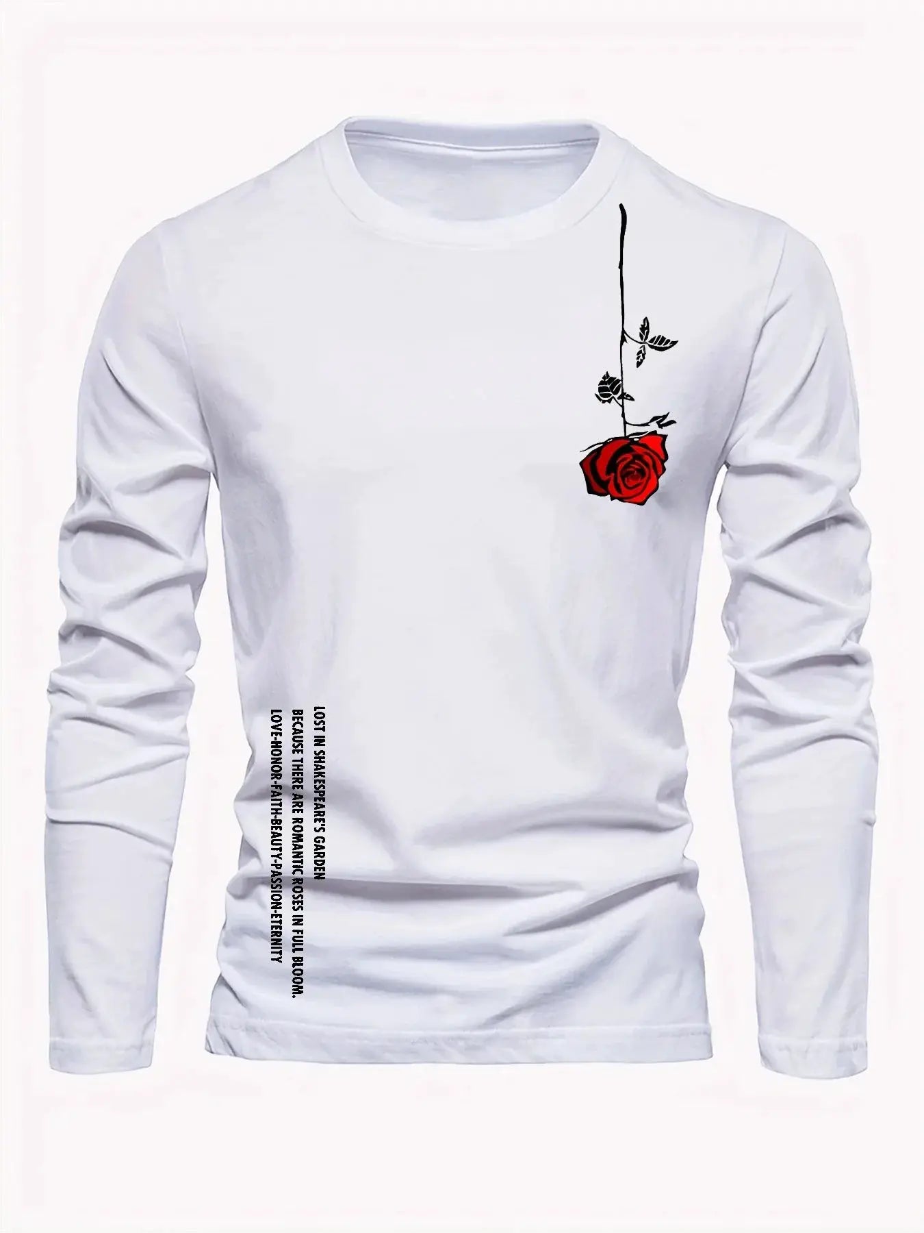 100% pure cotton men's long sleeved round neck loose casual rose letter printed spring and autumn versatile T-shirt top by All Mart Bristol Ltd