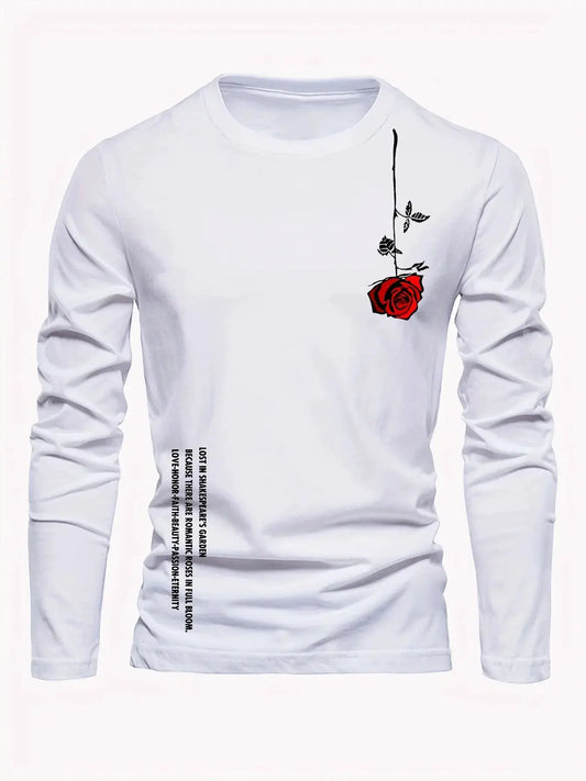 100% pure cotton men's long sleeved round neck loose casual rose letter printed spring and autumn versatile T-shirt top by All Mart Bristol Ltd