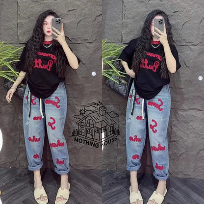 Retro Fashion Suit Women's Summer New Letter Printing Short-sleeved Milk Silk Wide-leg Pants Two-piece Set by All Mart Bristol Ltd