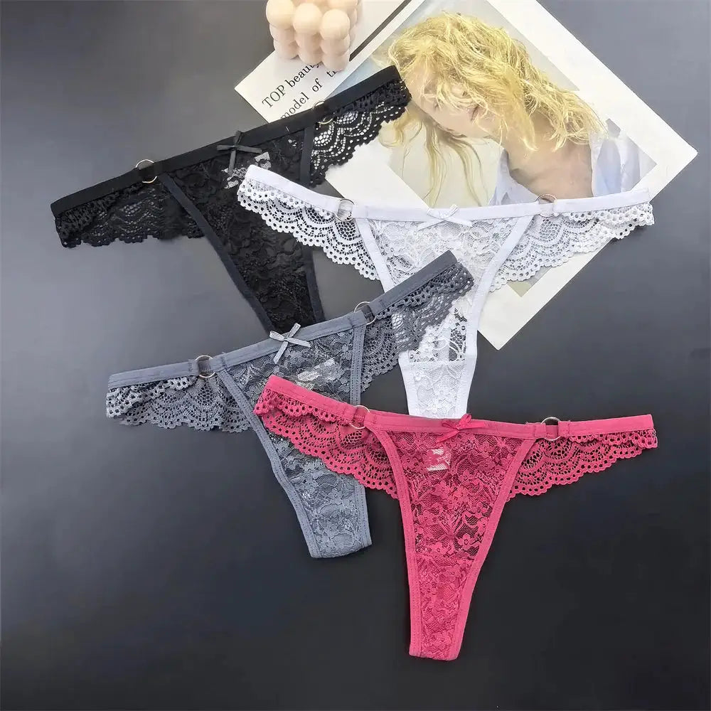 4Pcs Sexy Lace Thong Panties Women Low Rise Transparent Lingerie Set Plus Size by All Mart Bristol Ltd