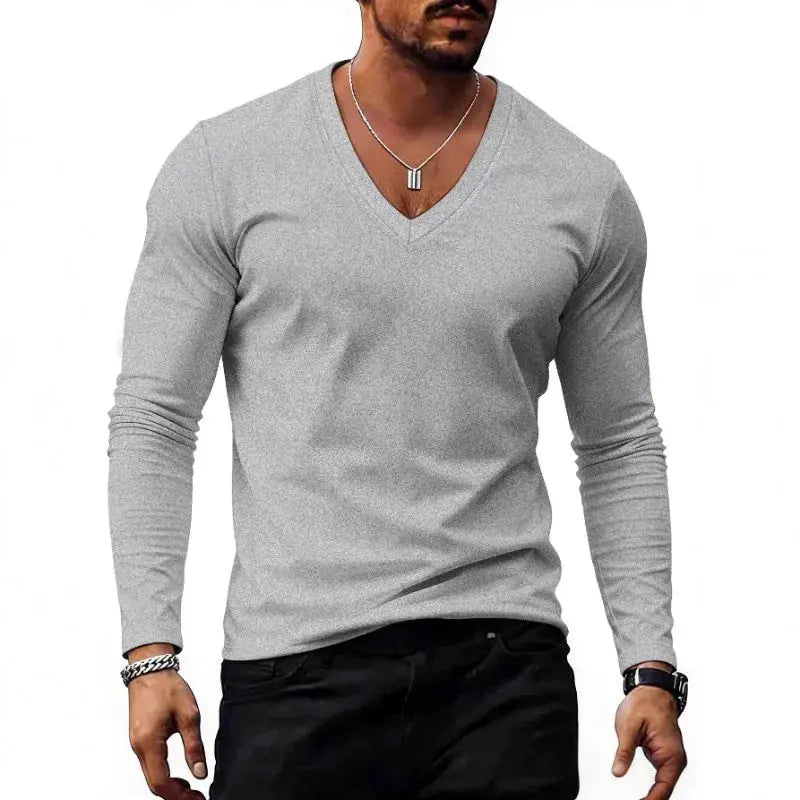 Men V Neck Solid Color Long Sleeve T Shirt Casual Slim Fit Basic Tops for Spring Autumn Daily Wear by All Mart Bristol Ltd