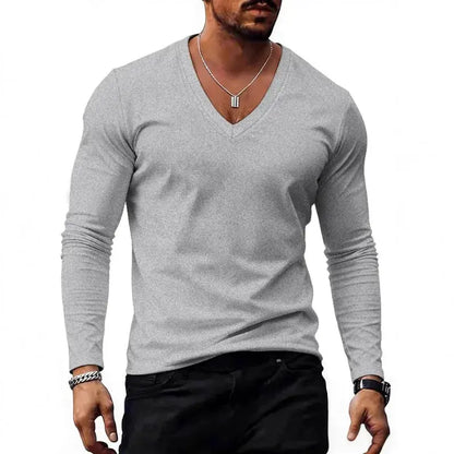 Men V Neck Solid Color Long Sleeve T Shirt Casual Slim Fit Basic Tops for Spring Autumn Daily Wear by All Mart Bristol Ltd