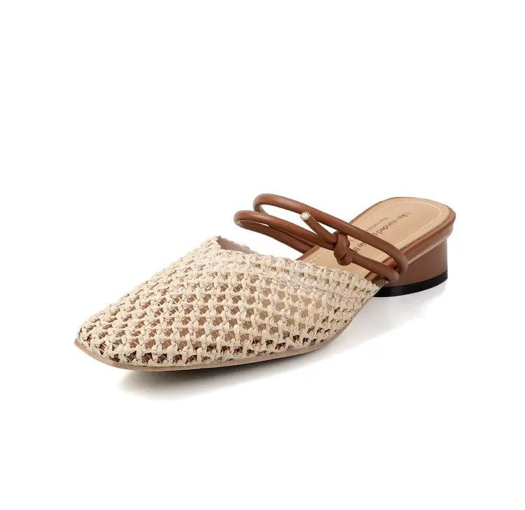 Women's French Style Square Toe Outdoor Hollow-out Breathable Retro Thick Heel Toe Box Half Slippers by Dropshipman