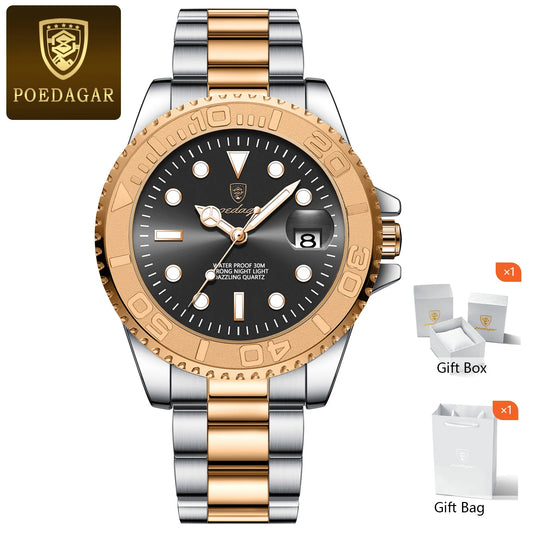 POEDAGAR Trendy Sport Man Watch Luminous Waterproof Stainless Steel Date Men Wristwatch Luxury Business Men's Quartz Watches+Box by All Mart Bristol Ltd